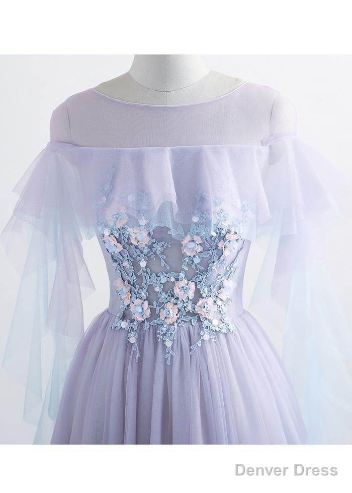 Lavender Off Shoulder Flower Lace Long Prom Dress, A Line Purple Prom Dress