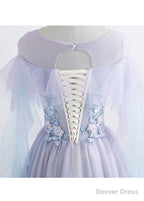 Lavender Off Shoulder Flower Lace Long Prom Dress, A Line Purple Prom Dress