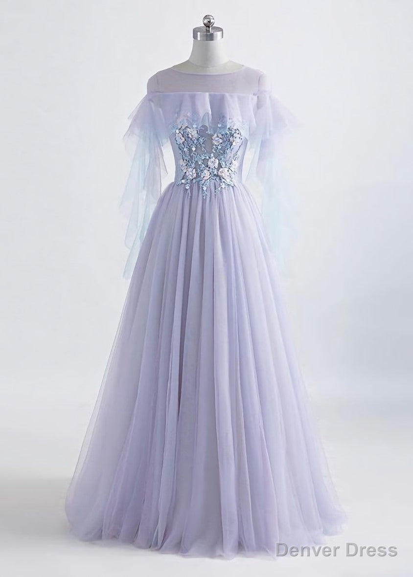 Lavender Off Shoulder Flower Lace Long Prom Dress, A Line Purple Prom Dress
