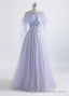 Lavender Off Shoulder Flower Lace Long Prom Dress, A Line Purple Prom Dress