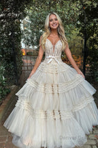Lavender Off Shoulder Tiered Prom Dresses with Lace