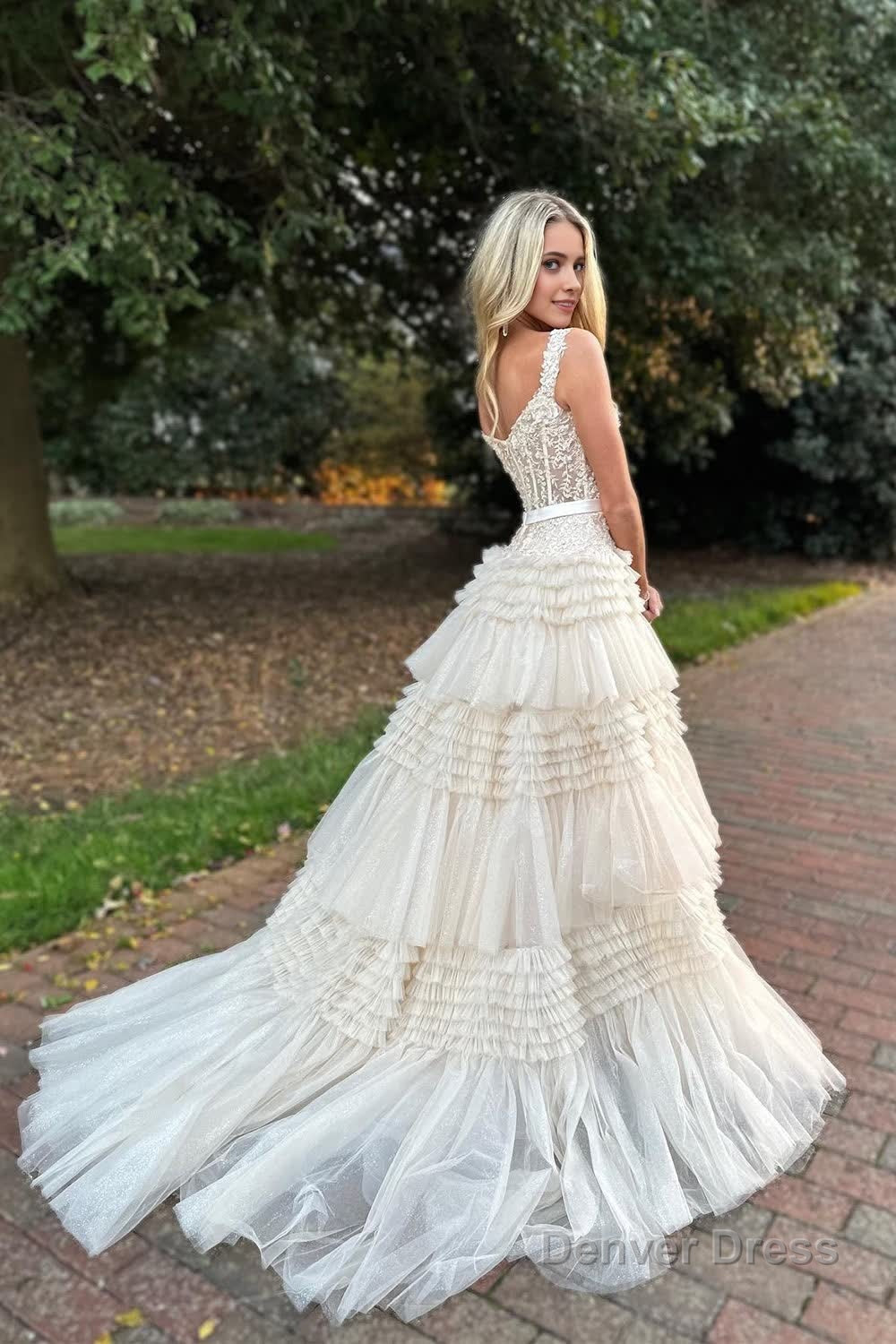 Lavender Off Shoulder Tiered Prom Dresses with Lace