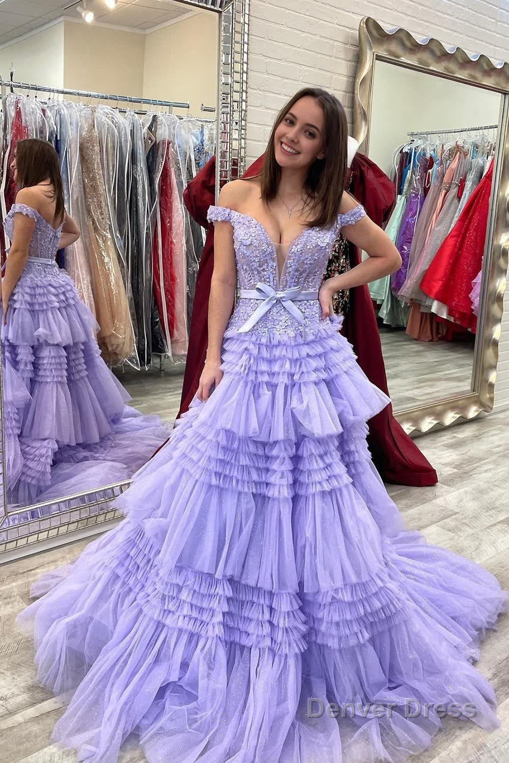 Lavender Off Shoulder Tiered Prom Dresses with Lace Main image