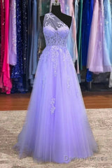 Lavender One Shoulder Appliques Lace Prom Dress