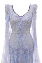 Lavender Prom Dresses Mermaid Heavily Beading Tulle Women Luxury Evening Dresses With Long Sleeves