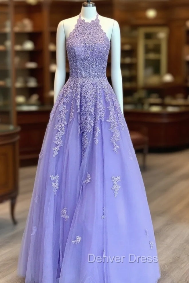 Lavender Prom Dress, Princess Halter Long Floor Length Lace Tulle Prom Dresses With Appliqued Beading Main image