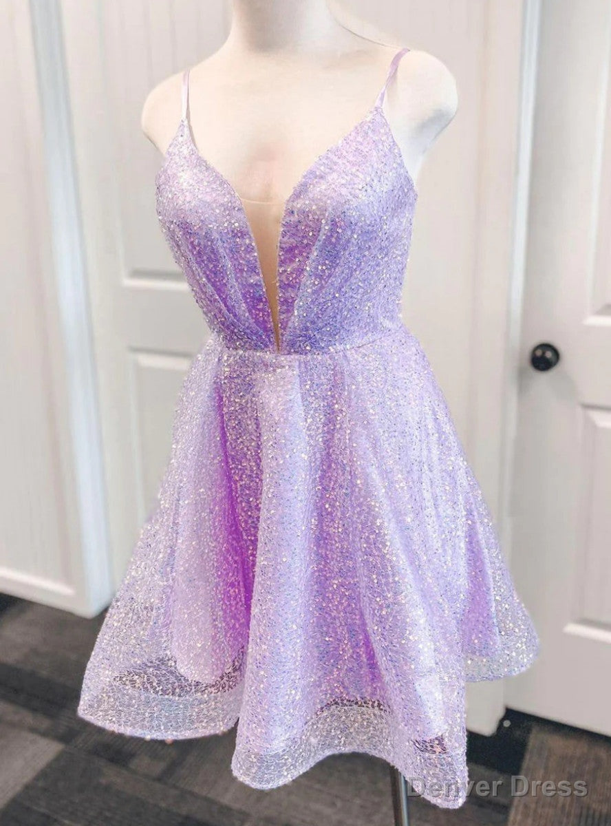 Lavender Sequins Spaghetti Straps Homecoming Dresses Main image