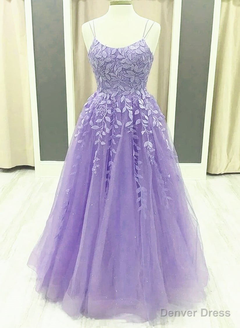 Lavender Spaghetti Straps Lace Appliques Tulle Floor Length, Lavender A Line Prom Dresses