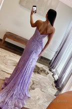 Lavender Strapless Lace Ruched Mermaid Prom Dresses with Slit