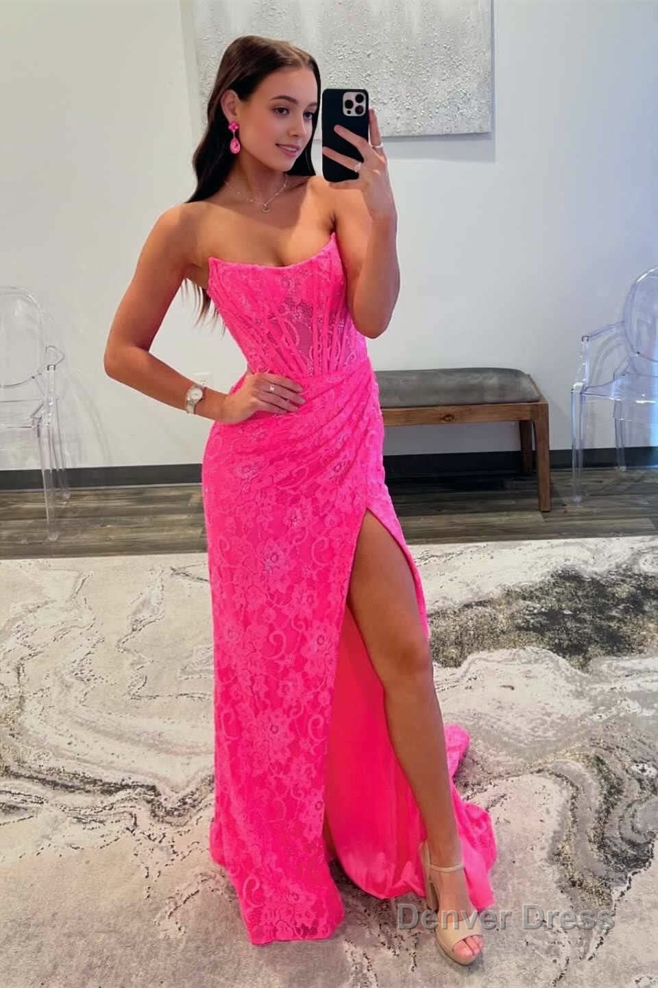 Lavender Strapless Lace Ruched Mermaid Prom Dresses with Slit