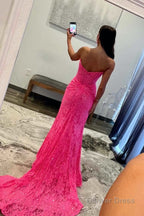 Lavender Strapless Lace Ruched Mermaid Prom Dresses with Slit