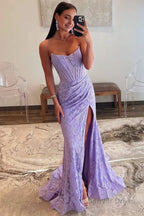 Lavender Strapless Lace Ruched Mermaid Prom Dresses with Slit