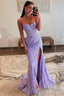 Lavender Strapless Lace Ruched Mermaid Prom Dresses with Slit