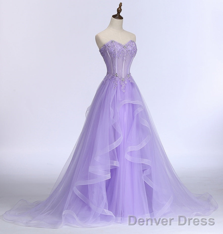 Lavender Sweetheart Tulle A-Line Lace Applique Prom Dress, Beautiful Sweet 16 Dresses Secondary image