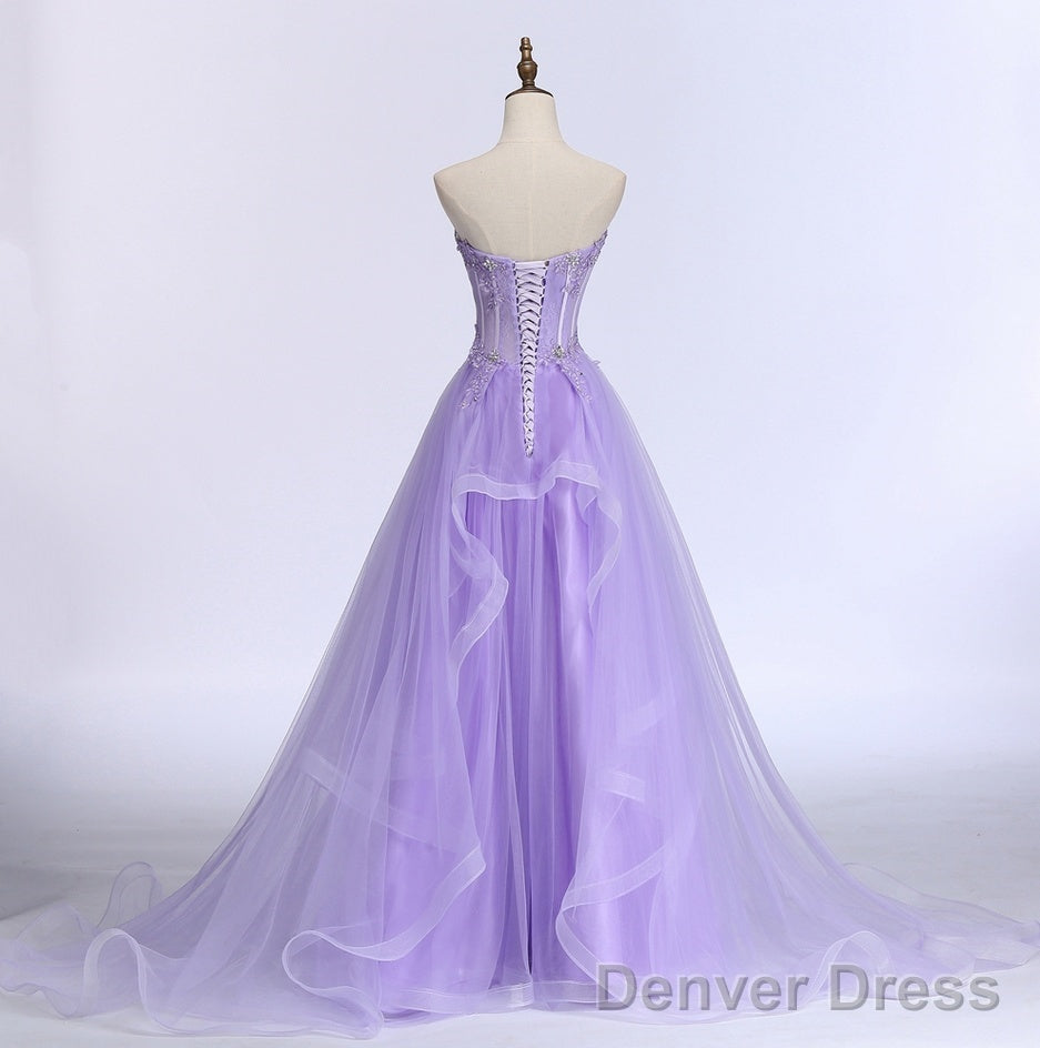 Lavender Sweetheart Tulle A-Line Lace Applique Prom Dress, Beautiful Sweet 16 Dresses
