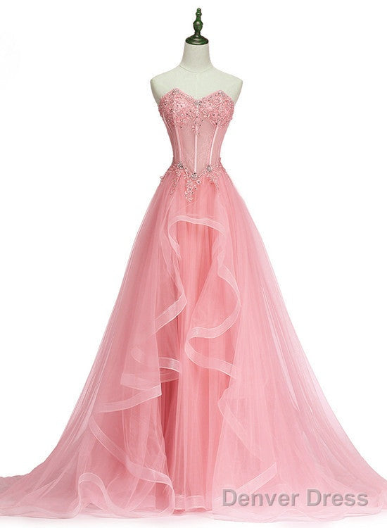 Lavender Sweetheart Tulle A-Line Lace Applique Prom Dress, Beautiful Sweet 16 Dresses