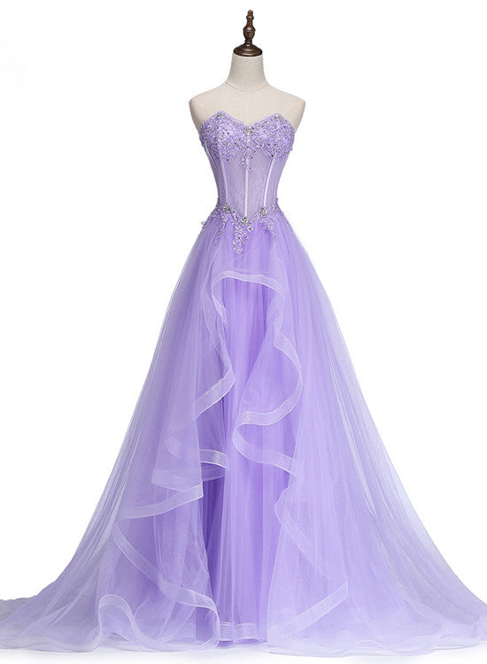 Lavender Sweetheart Tulle A-Line Lace Applique Prom Dress, Beautiful Sweet 16 Dresses Main image