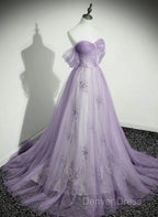 Lavender Tulle A-Line Beaded Off Shoulder Prom Dress, Lavender Long Prom Dresses