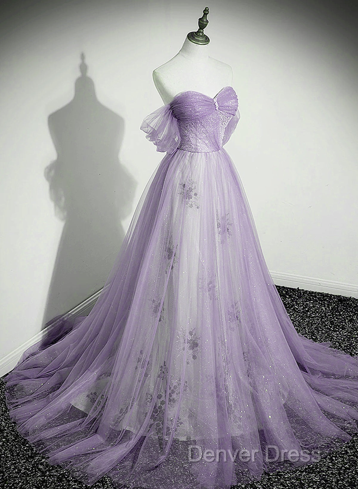 Lavender Tulle A-Line Beaded Off Shoulder Prom Dress, Lavender Long Prom Dresses