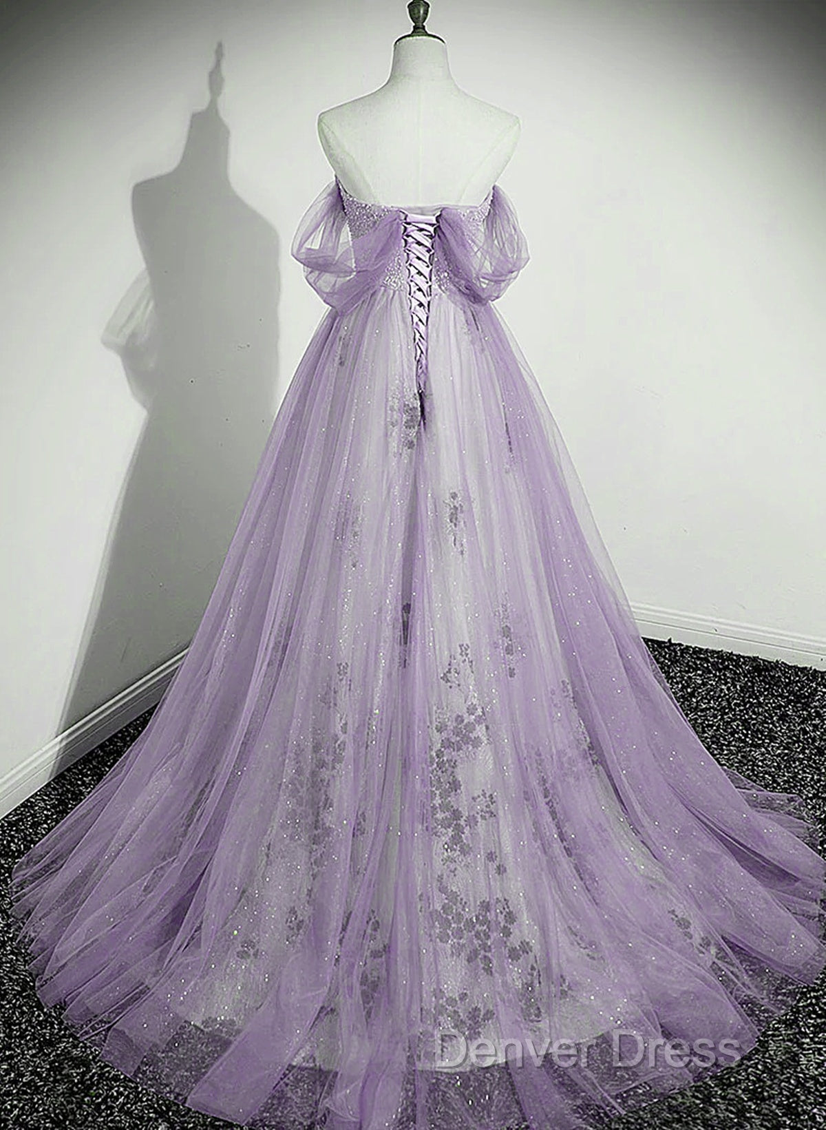 Lavender Tulle A-Line Beaded Off Shoulder Party Dresses, Lavender Long Formal Dresses