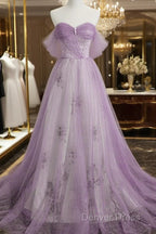 Lavender Tulle A-Line Beaded Off Shoulder Party Dresses, Lavender Long Formal Dresses