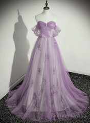 Lavender Tulle A-Line Beaded Off Shoulder Party Dress, Lavender Long Formal Dress