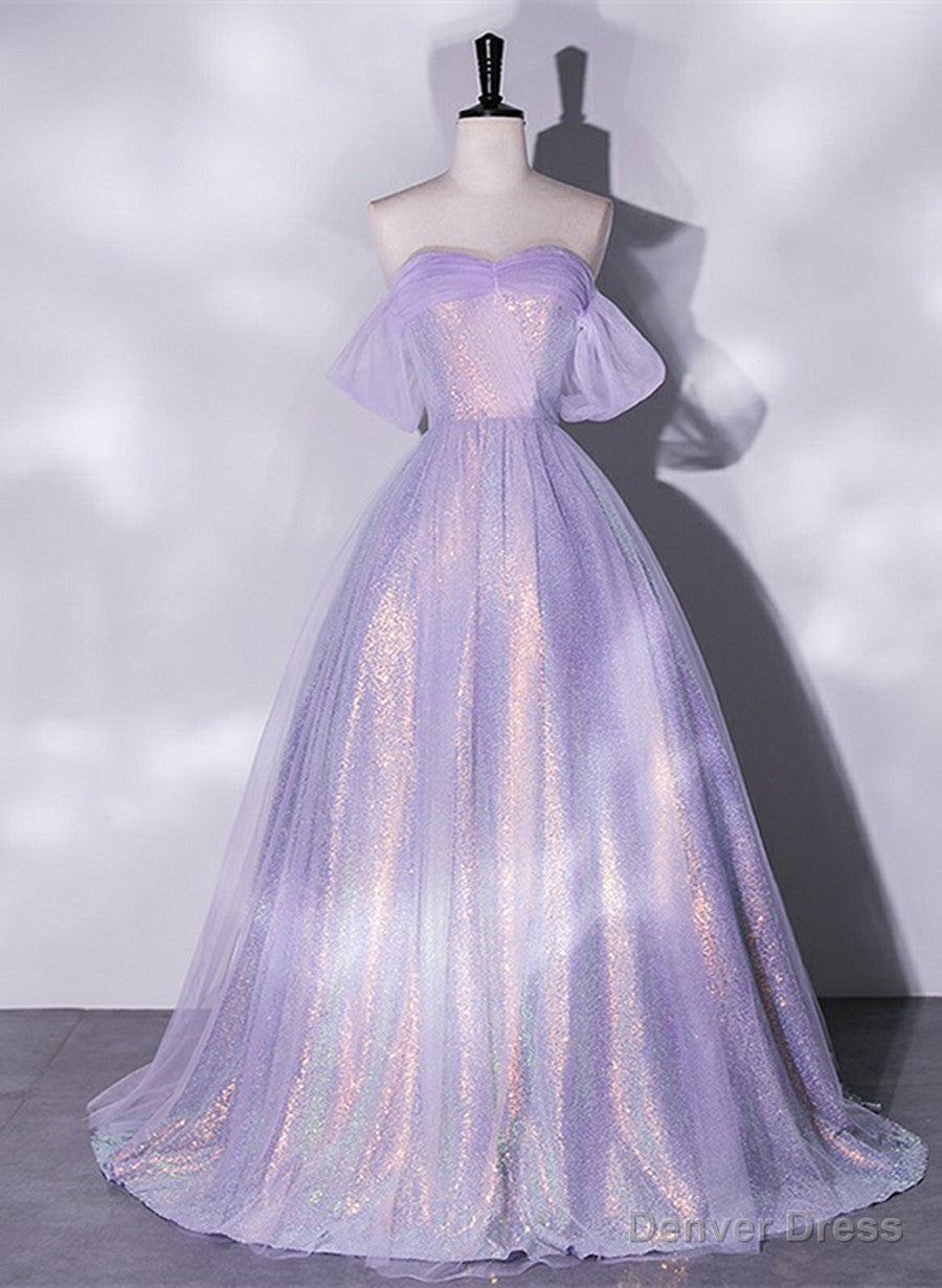 Lavender Tulle and Sequins Long Prom Dress, Off Shoulder A-line Party Dress Secondary image
