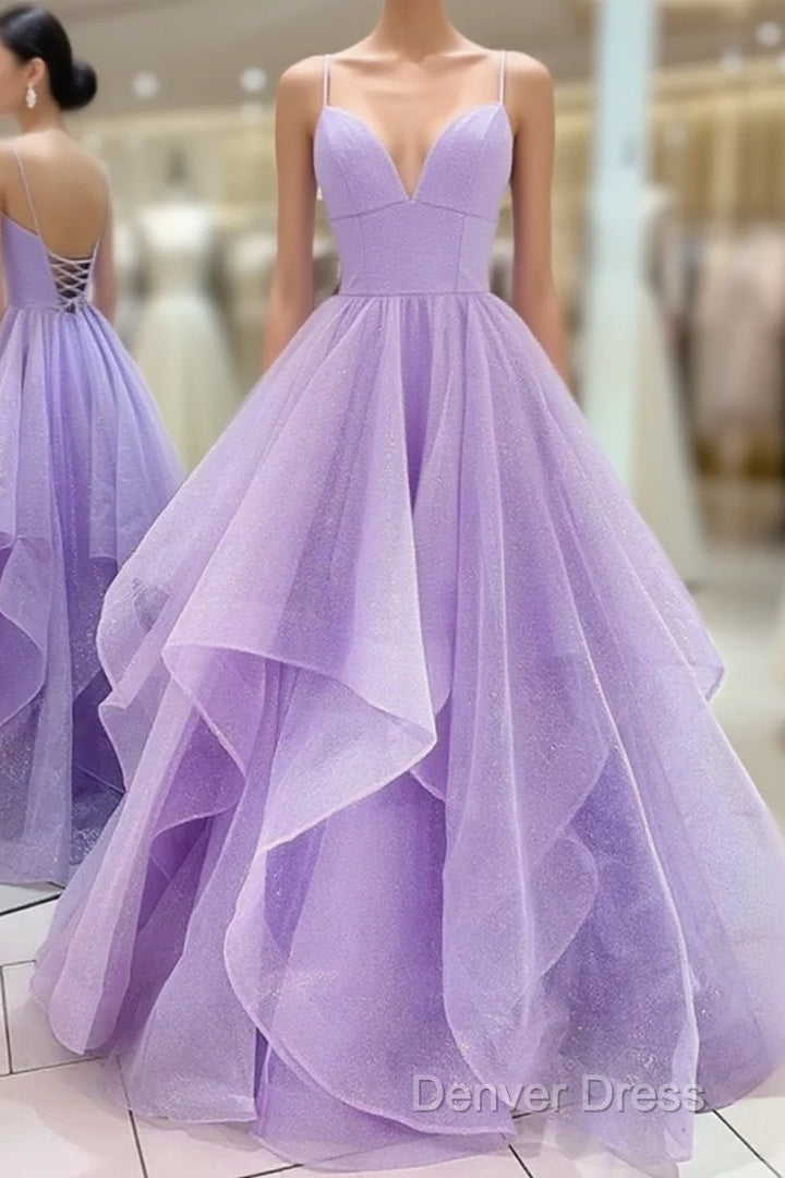 Lavender Tulle Long A-Line Prom Dresses, Lavender Beautiful Spaghetti Strap Evening Dresses Main image