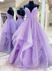 Lavender Tulle Long A-Line Prom Dress, Lavender Beautiful Spaghetti Strap Evening Dress