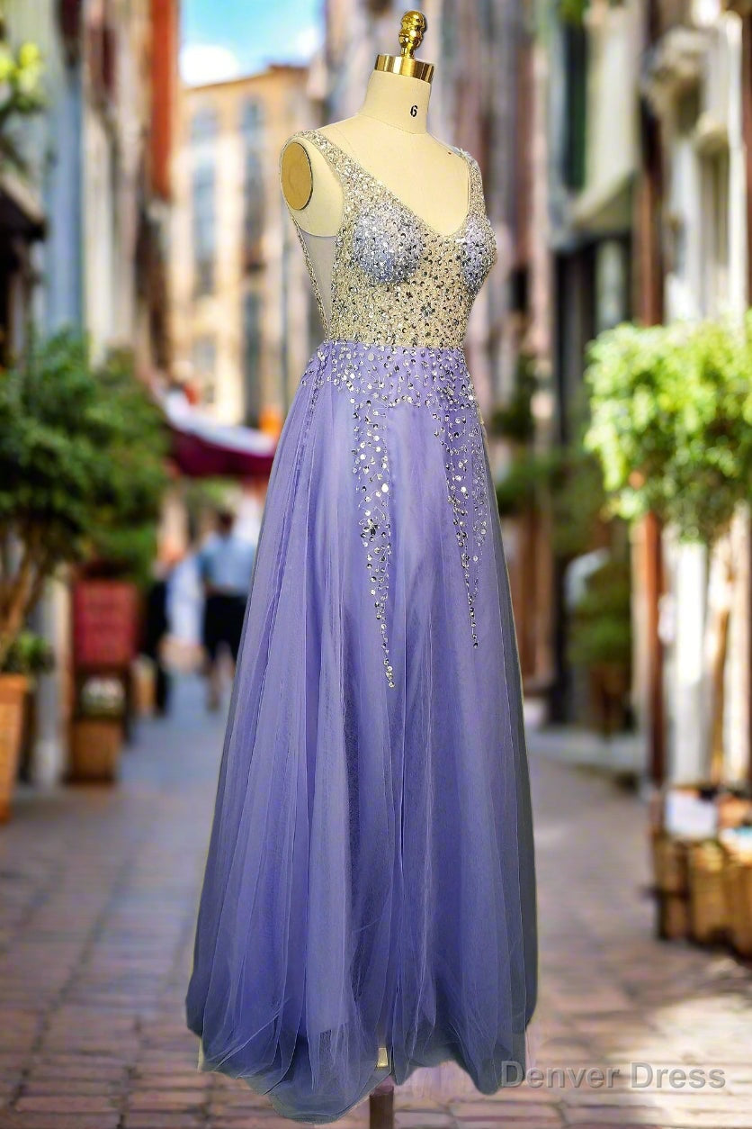 Lavender Tulle Prom Dress A Line Long Floor Length Sleeveless With Beading Sequins Prom Dresses Secondary image