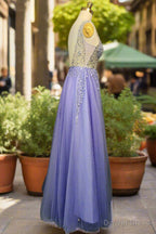 Lavender Tulle Prom Dress A Line Long Floor Length Sleeveless With Beading Sequins Prom Dresses