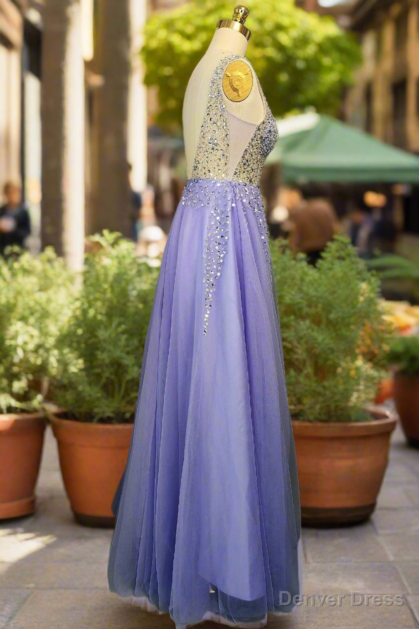 Lavender Tulle Prom Dress A Line Long Floor Length Sleeveless With Beading Sequins Prom Dresses