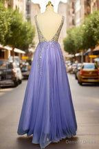 Lavender Tulle Prom Dress A Line Long Floor Length Sleeveless With Beading Sequins Prom Dresses