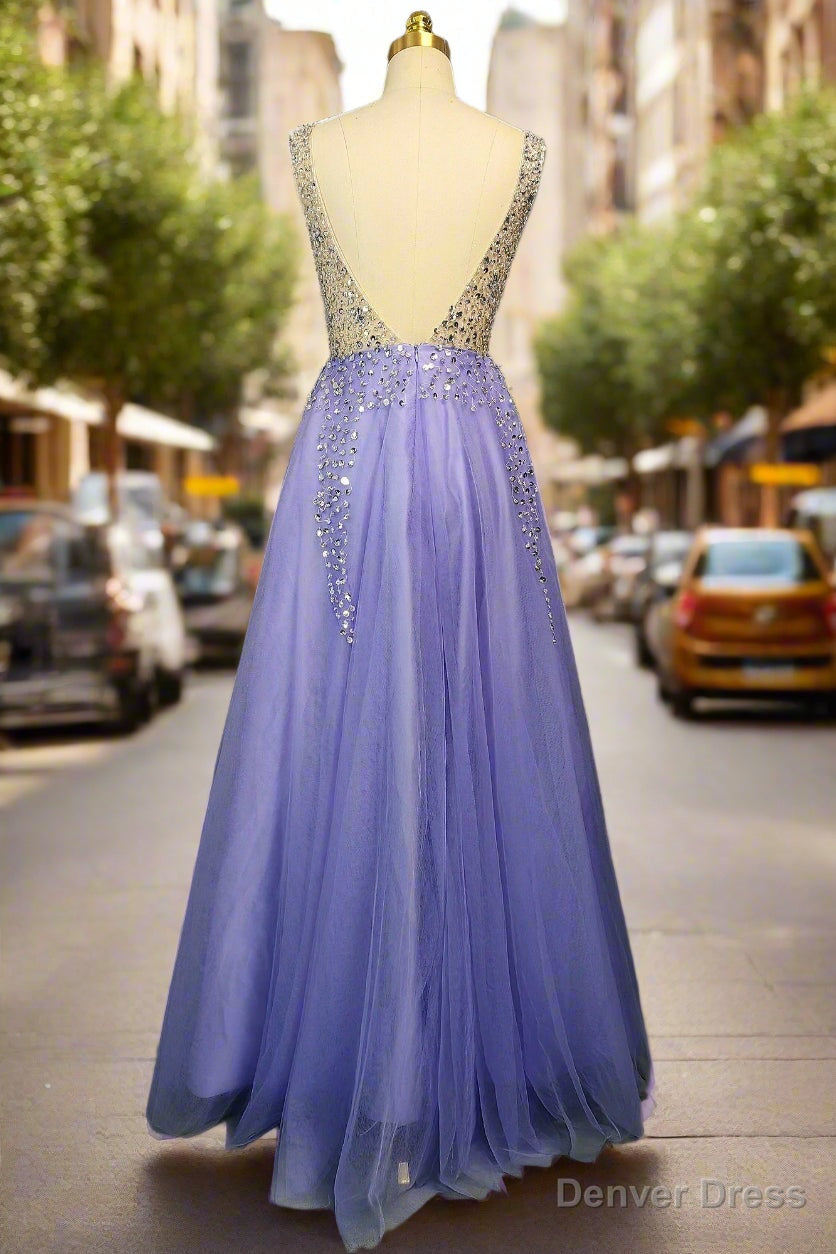 Lavender Tulle Prom Dress A Line Long Floor Length Sleeveless With Beading Sequins Prom Dresses