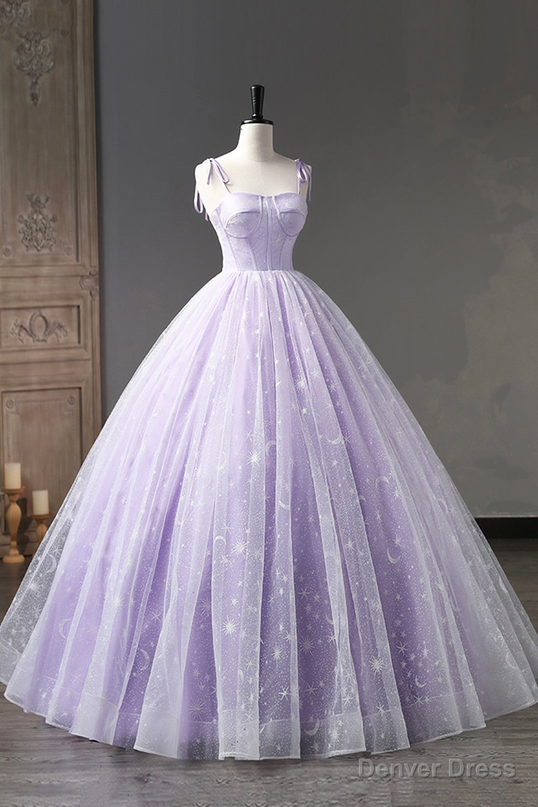 Lavender Tulle Straps Floor Length Prom Dress, Lavender A Line Prom Dresses Main image