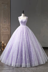 Lavender Tulle Straps Floor Length Evening Dress, Lavender A-Line Prom Dress