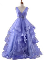 Lavender Tulle V-Neckline Layers Long Sweet 16 Dresses, Light Purple Prom Dresses Party Dresses