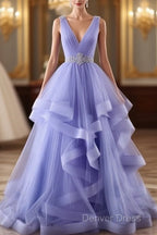 Lavender Tulle V-Neckline Layers Long Sweet 16 Dresses, Light Purple Prom Dresses Party Dresses