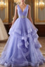 Lavender Tulle V-Neckline Layers Long Sweet 16 Dresses, Light Purple Prom Dresses Party Dresses