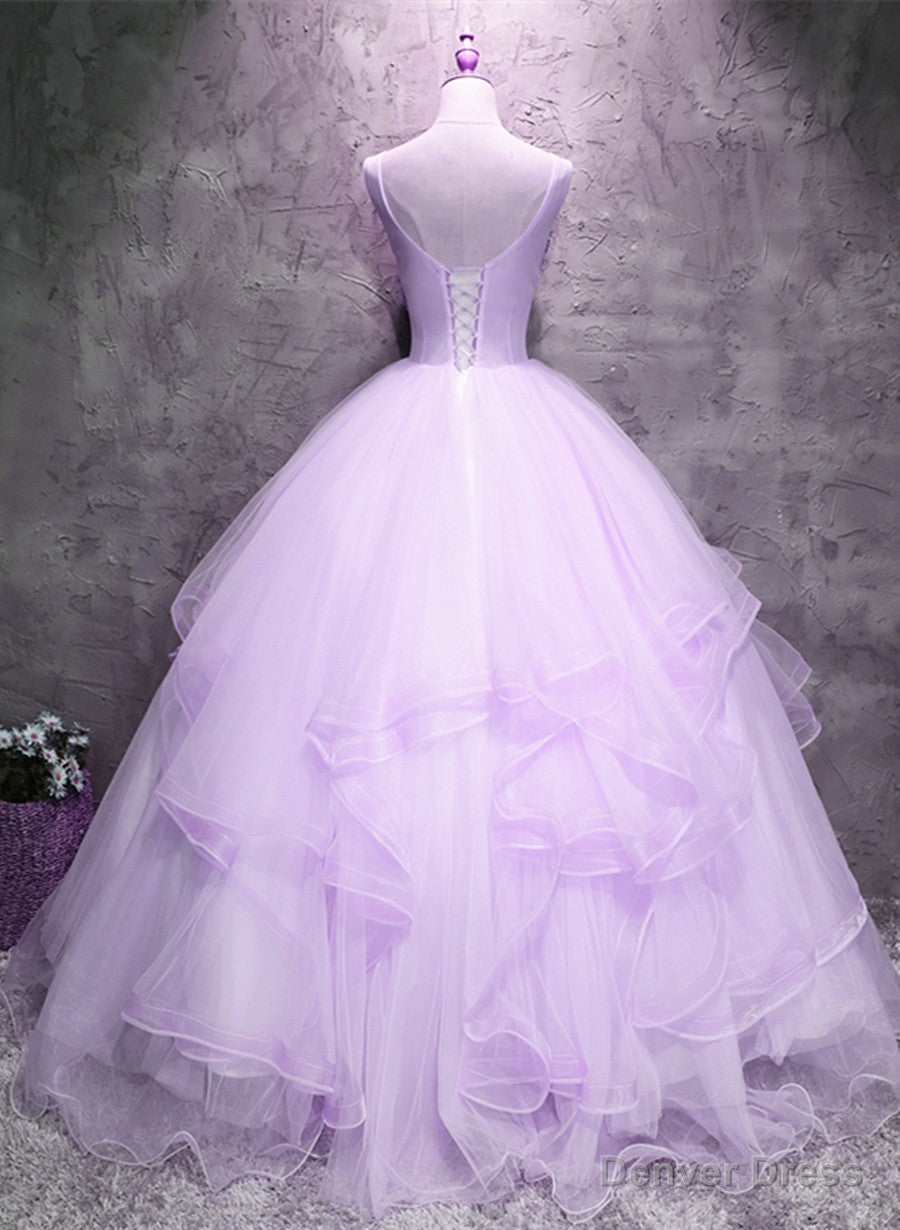 Lavender Tulle with Flowers Ball Gown Sweet 16 Dress, Lavender Long Formal Dress Secondary image