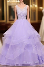 Lavender Tulle With Lace Ruffled Long Prom Gowns, Ball Gowns Sweet 16 Dresses