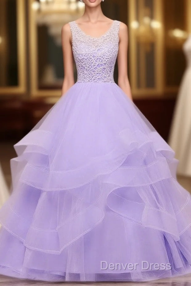 Lavender Tulle With Lace Ruffled Long Prom Gowns, Ball Gowns Sweet 16 Dresses