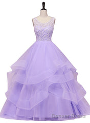 Lavender Tulle With Lace Ruffled Long Formal Gown, Ball Gown Sweet 16 Dress