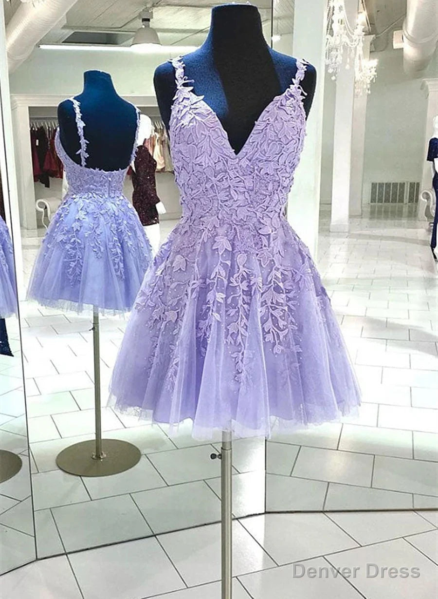 Lavender Tulle with Lace Straps Short Homecoming Dress Lavender Prom Dress prom dresses shops Main image