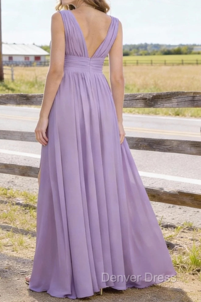 Lavender V Neck Chiffon Floor Length Bridesmaid Dress Long Bridesmaid Dresses With Pleated Split Secondary image