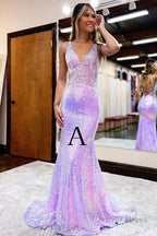 Lavender V Neck Mermaid Prom Dresses, Sparkly Sequined Long Prom Gowns