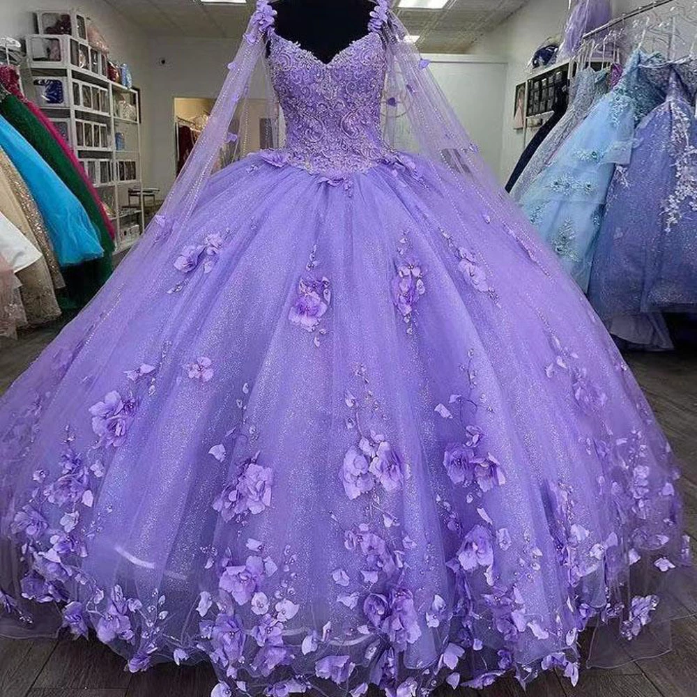 3D Flowers Tulle Sweetheart Ball Gown Quinceanera Dresses Purple With Cape
