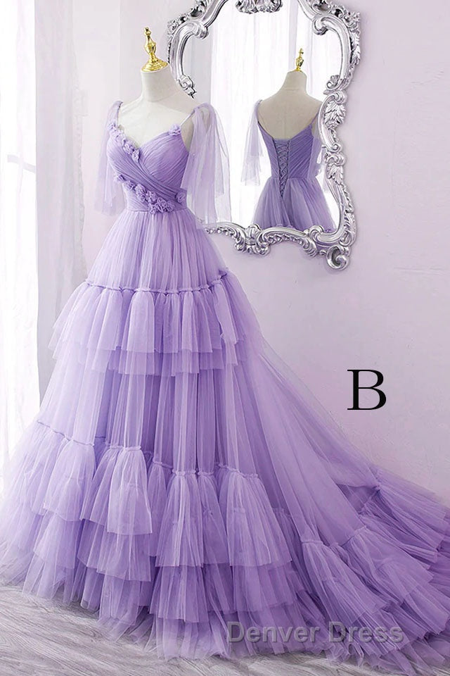 A Line V Neck New Style Tiered Long Tulle Prom Dresses, Evening Gown with Flower