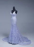 Lavener Tulle with Lace Sheath Spaghetti Straps Prom Dress, Long Prom Dresses