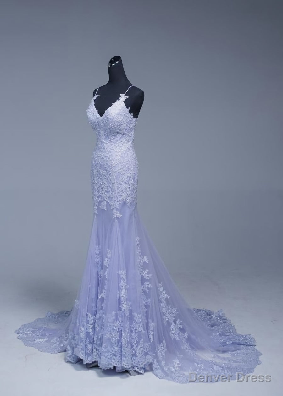 Lavener Tulle with Lace Sheath Spaghetti Straps Prom Dress, Long Prom Dresses